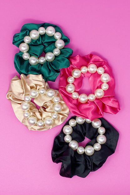Satin Scrunchie Set with Pearl Beads (4-Pack Hair Ties)