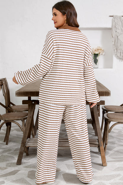 Striped Lounge Set for Women – Brown & White Cozy Two-Piece Outfit