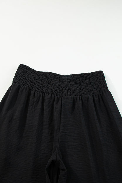 Black Smocked High-Waisted Wide-Leg Pants – Effortlessly Comfortable