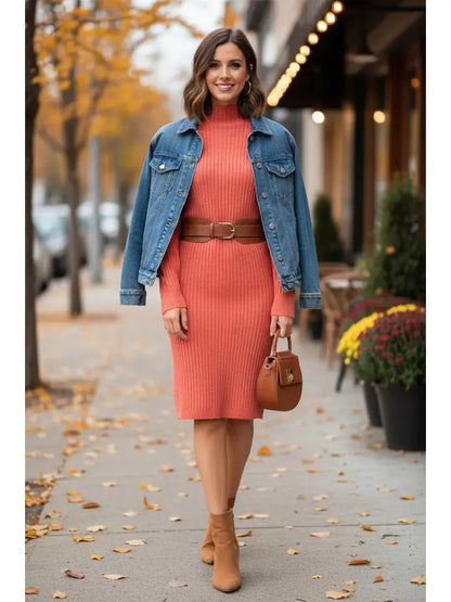 Ribbed Mock Neck Sweater Dress (Long Sleeve Midi)