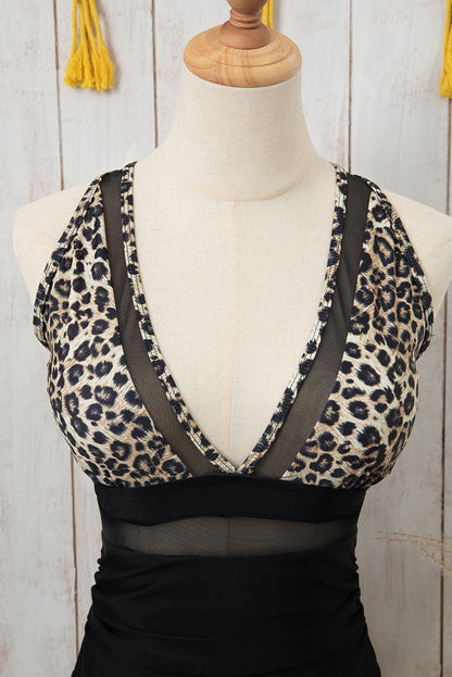 Brown Leopard Print High-Waisted Swimsuit with Mesh Details – Fierce and Flattering