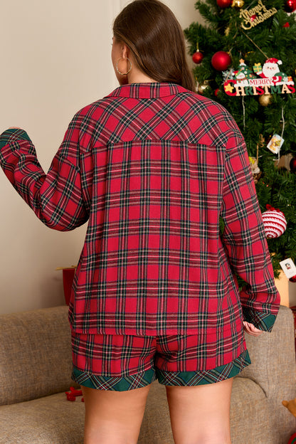 Plus Size Christmas Plaid Pajama Set – Red & Green Holiday Button-Up Top + Matching Shorts