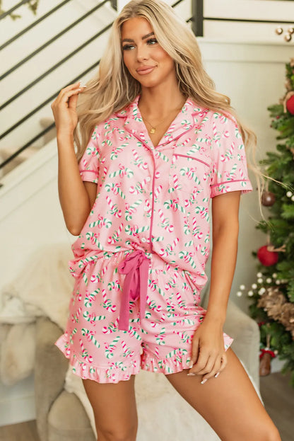 Candy Cane Print Ruffle Pajama Set