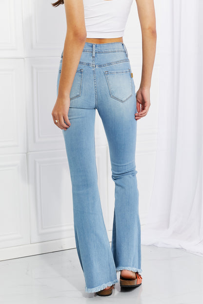 High-Rise Button-Up Flare Jeans with Distressed Detail