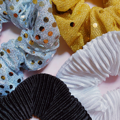 Glitter Scrunchie Set (4-Pack | Gold, Silver, Black & White)