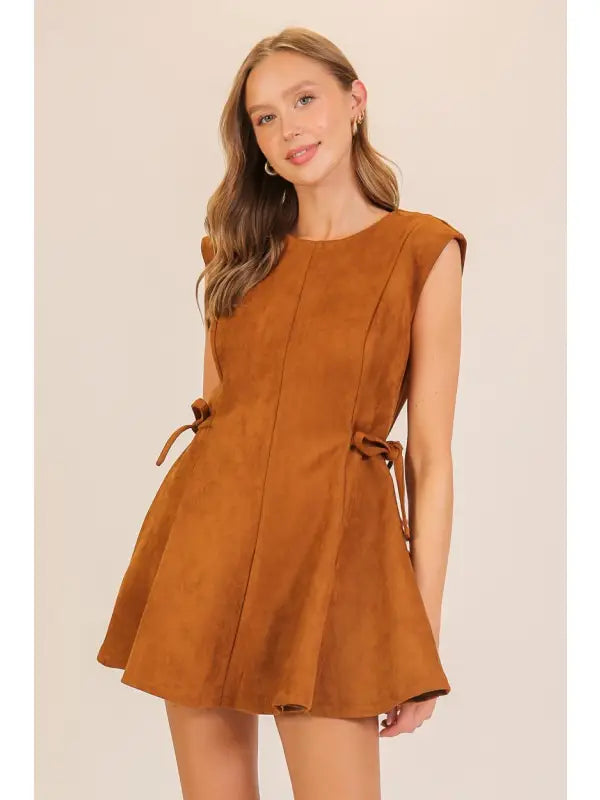 Suede Look Side-Tie Mini Dress (Sleeveless Fit & Flare)