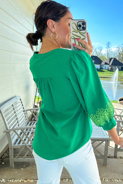 Embroidered Green Blouse with Puff Sleeves – Chic Spring & Summer Top