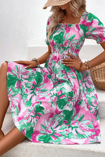 Floral Print Puff Sleeve Midi Dress