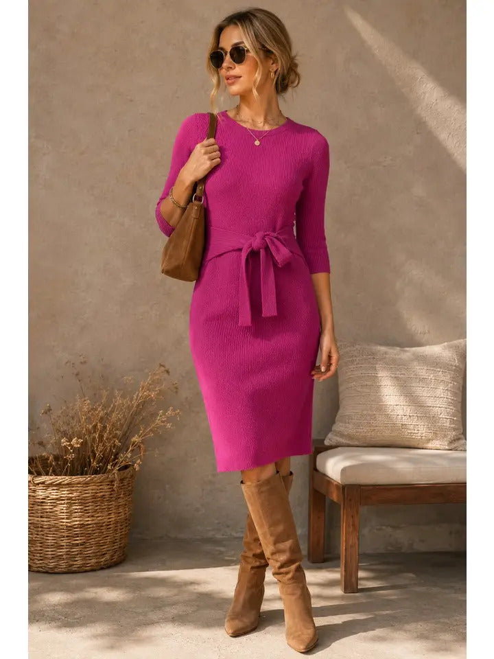 Ribbed Tie-Waist Sweater Dress (3/4 Sleeve Midi)