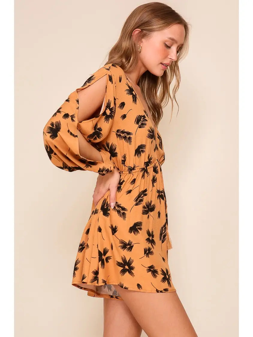 Tropical Print Long Sleeve Romper (Tie-Front V-Neck)