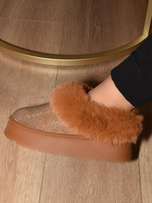 Luxe Rhinestone & Faux Fur Platform Slippers