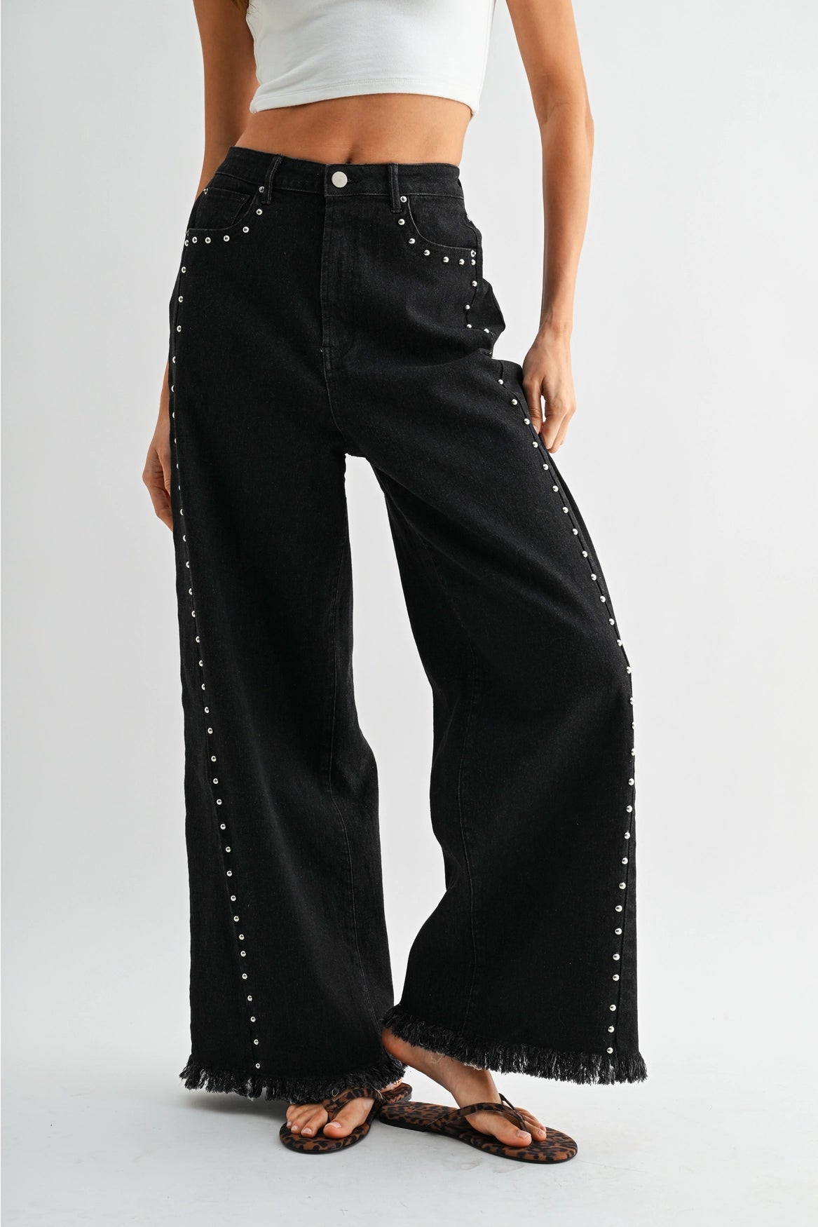 Camellia Black Studded Wide-Leg Jeans | Frayed Hem
