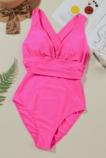 Vibrant Pink One-Piece Swimsuit with Plunge Neckline