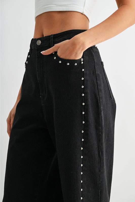 Camellia Black Studded Wide-Leg Jeans | Frayed Hem