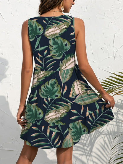 Tropical Button-Down Sleeveless Dress – Available in Navy and Air Force Blue