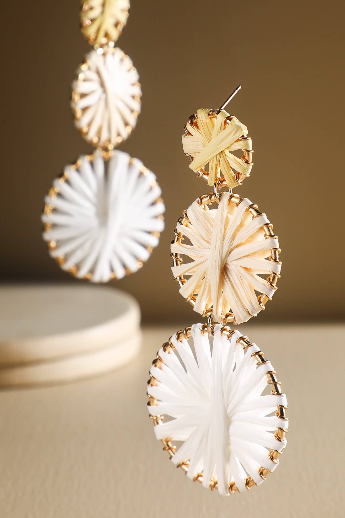 Rainbow Woven Disc Drop Earrings (Triple Statement Dangles)