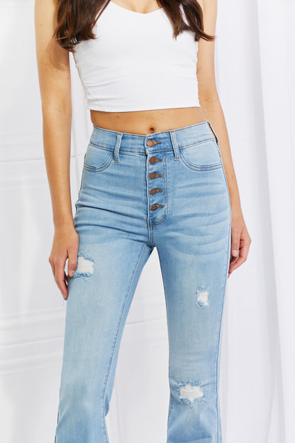 High-Rise Button-Up Flare Jeans with Distressed Detail