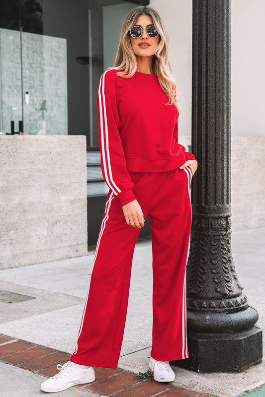 Red Two-Piece Lounge Set – Wide Leg Track Pants & Matching Crewneck Top