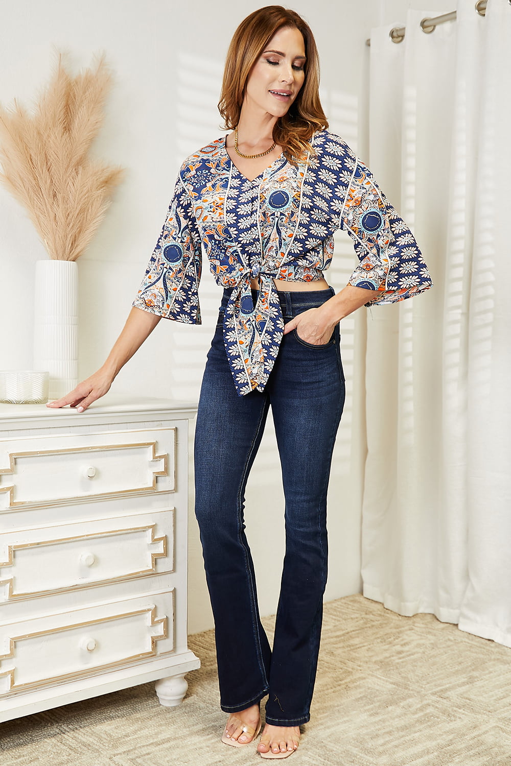 Vibrant Boho Print Tie-Front Blouse – Statement Style