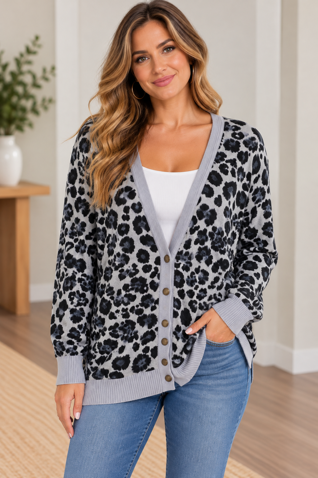 Zenana Gray & Black Animal Print Button-Front Cardigan – Size XL