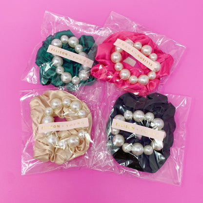 Satin Scrunchie Set with Pearl Beads (4-Pack Hair Ties)