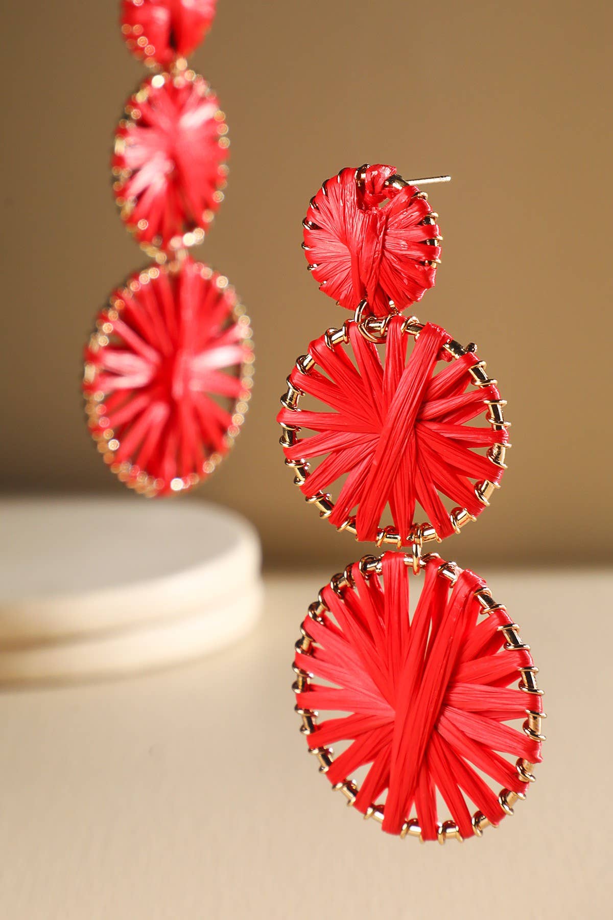 Rainbow Woven Disc Drop Earrings (Triple Statement Dangles)