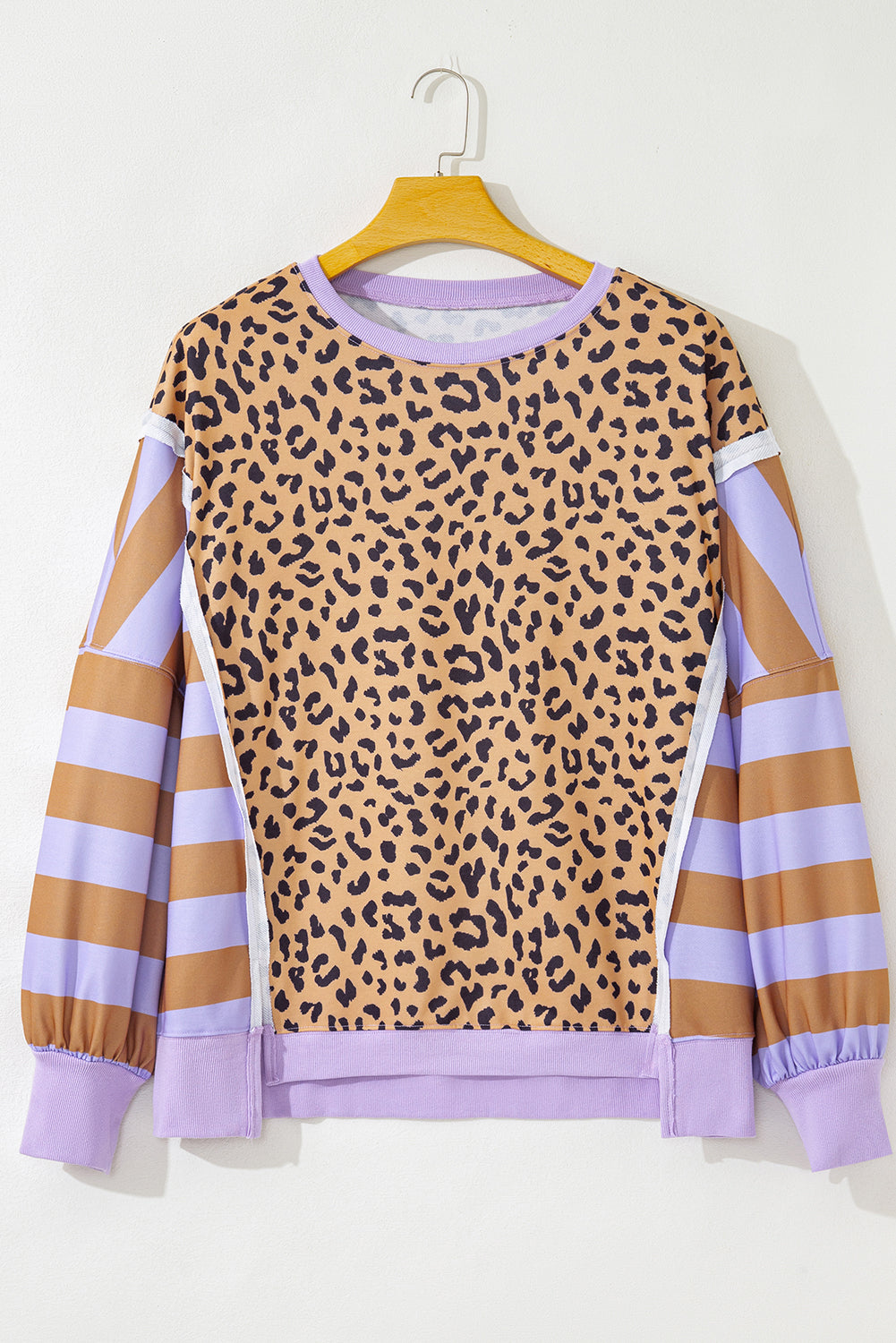 Leopard Print Colorblock Sweatshirt – Tan, Lavender & Brown Pullover Top