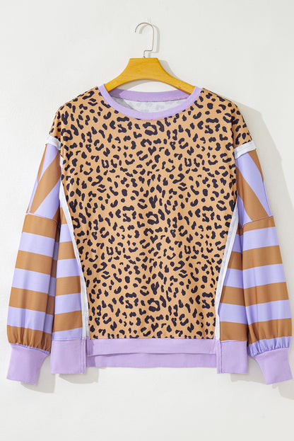 Leopard Print Colorblock Sweatshirt – Tan, Lavender & Brown Pullover Top