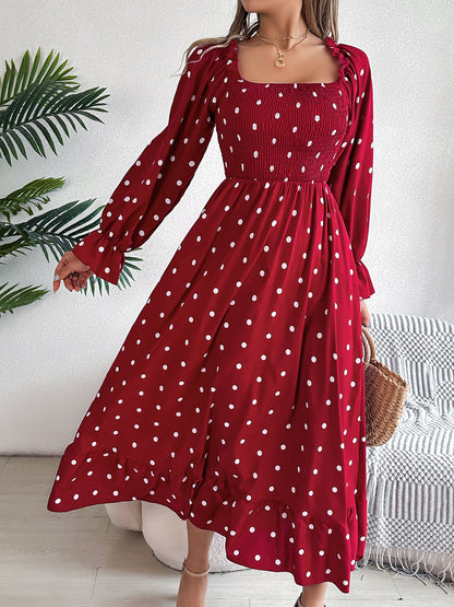 Polka Dot Smocked Midi Dress with Puff Sleeves – Boho Chic