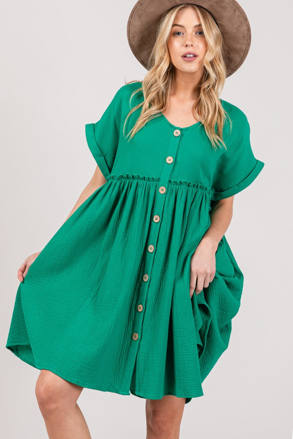 Breezy Button-Front Green Dress | Effortless Boho Chic