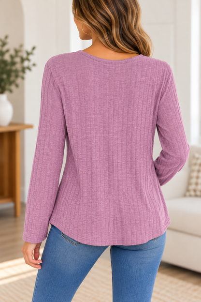 Zenana Mauve Ribbed Henley Long Sleeve Top – Size L