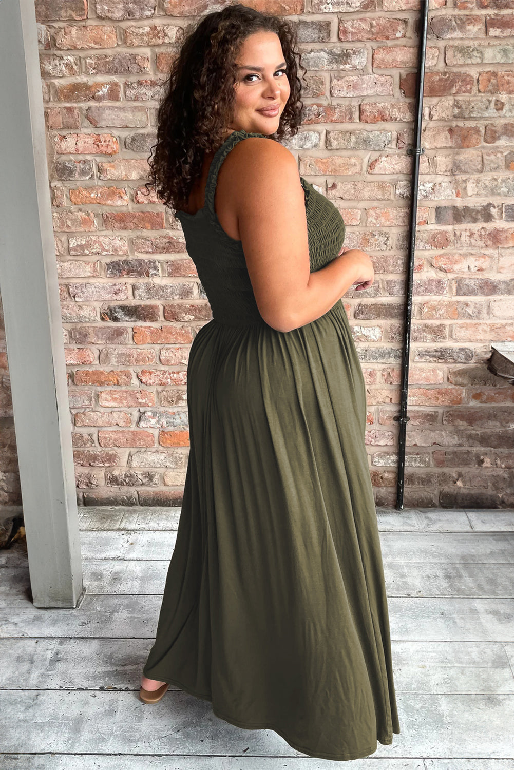 Olive Green Smocked Maxi Dress with Ruffle Straps – Perfect for Summer Vibes