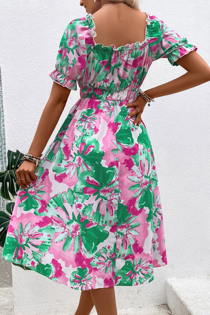 Floral Print Puff Sleeve Midi Dress