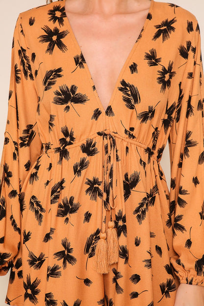 Tropical Print Long Sleeve Romper (Tie-Front V-Neck)