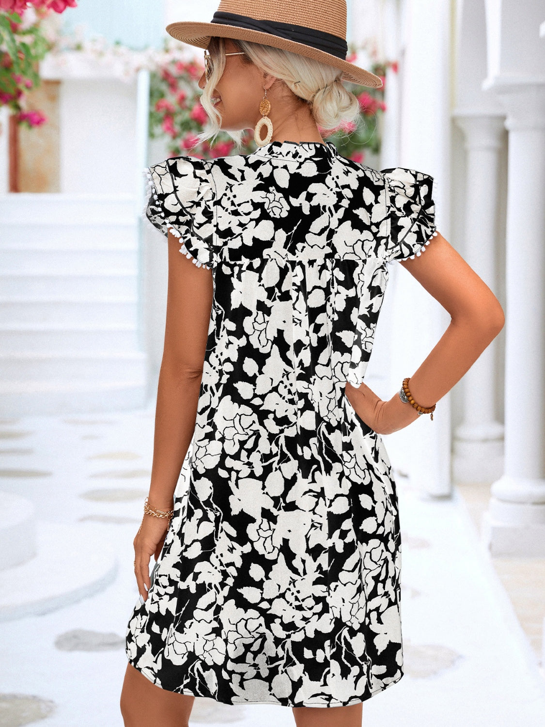 Black & White Floral Ruffle Sleeve Dress - Effortless Elegance