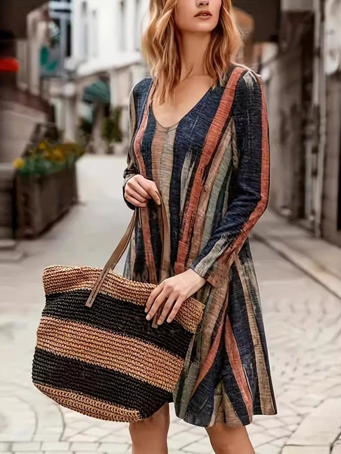 Vintage Striped Long-Sleeve Midi Dress