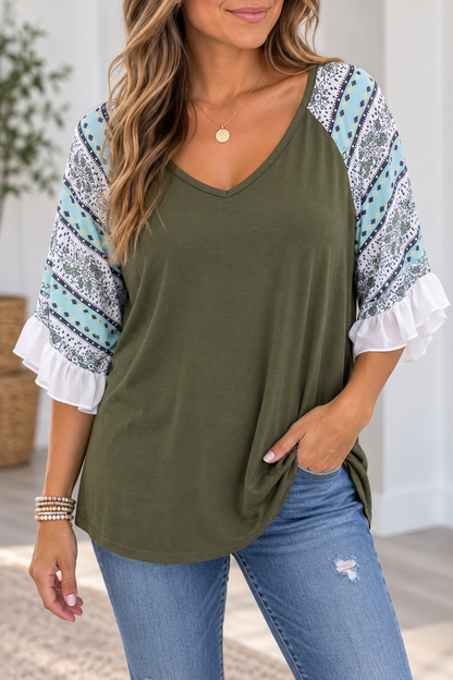 Miss Sparkling Olive Green Top with Printed Ruffle Sleeves – Size L