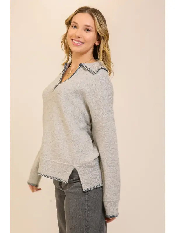 Contrast Trim Collared Sweater (Relaxed Knit Pullover | Gray)