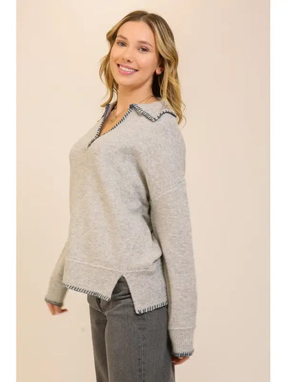 Contrast Trim Collared Sweater (Relaxed Knit Pullover | Gray)