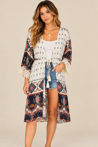 Entro Boho Printed Kimono – Ivory, Navy & Rust – Size S