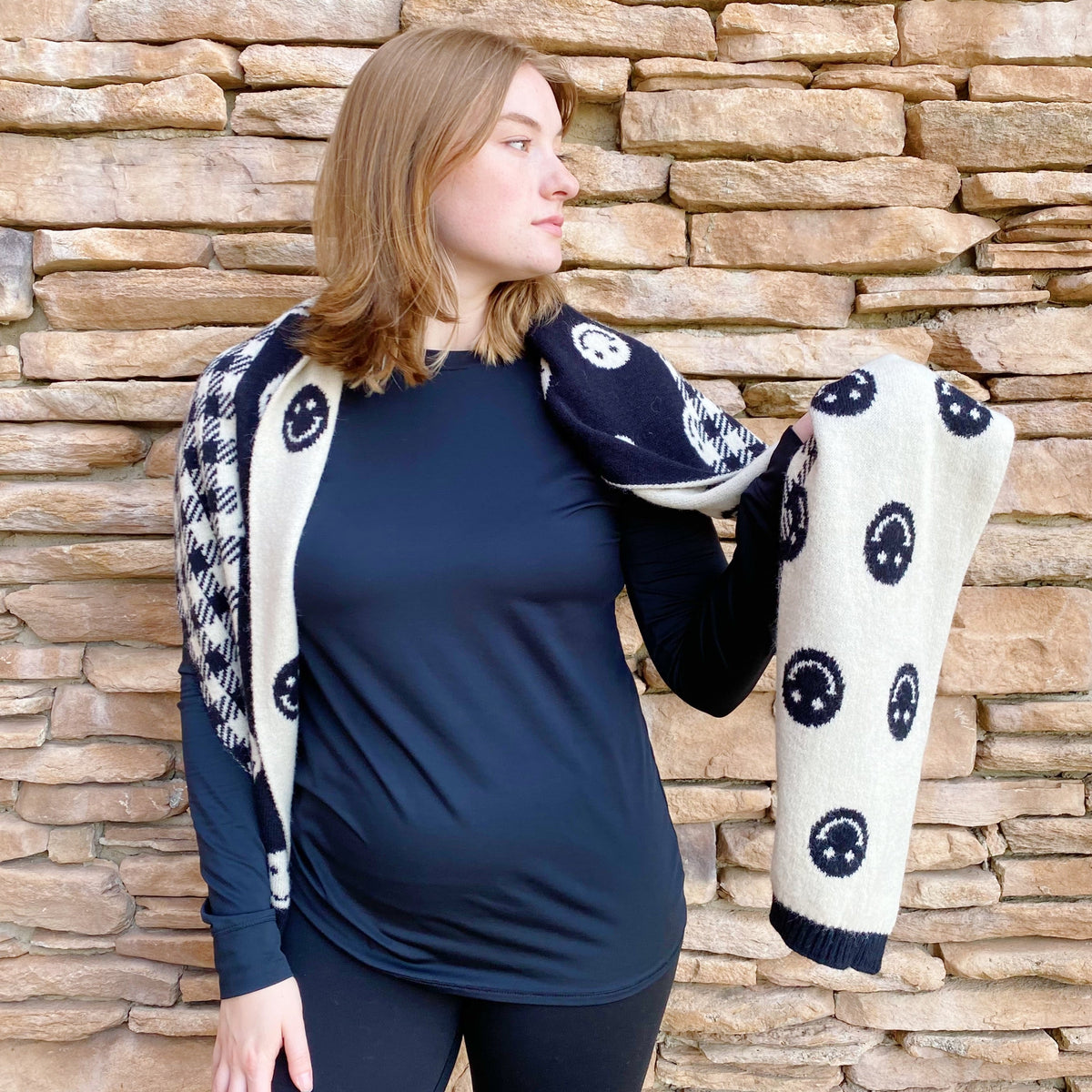 Smiley Face Plaid Knit Scarf (Cozy Winter Wrap | Black/White)