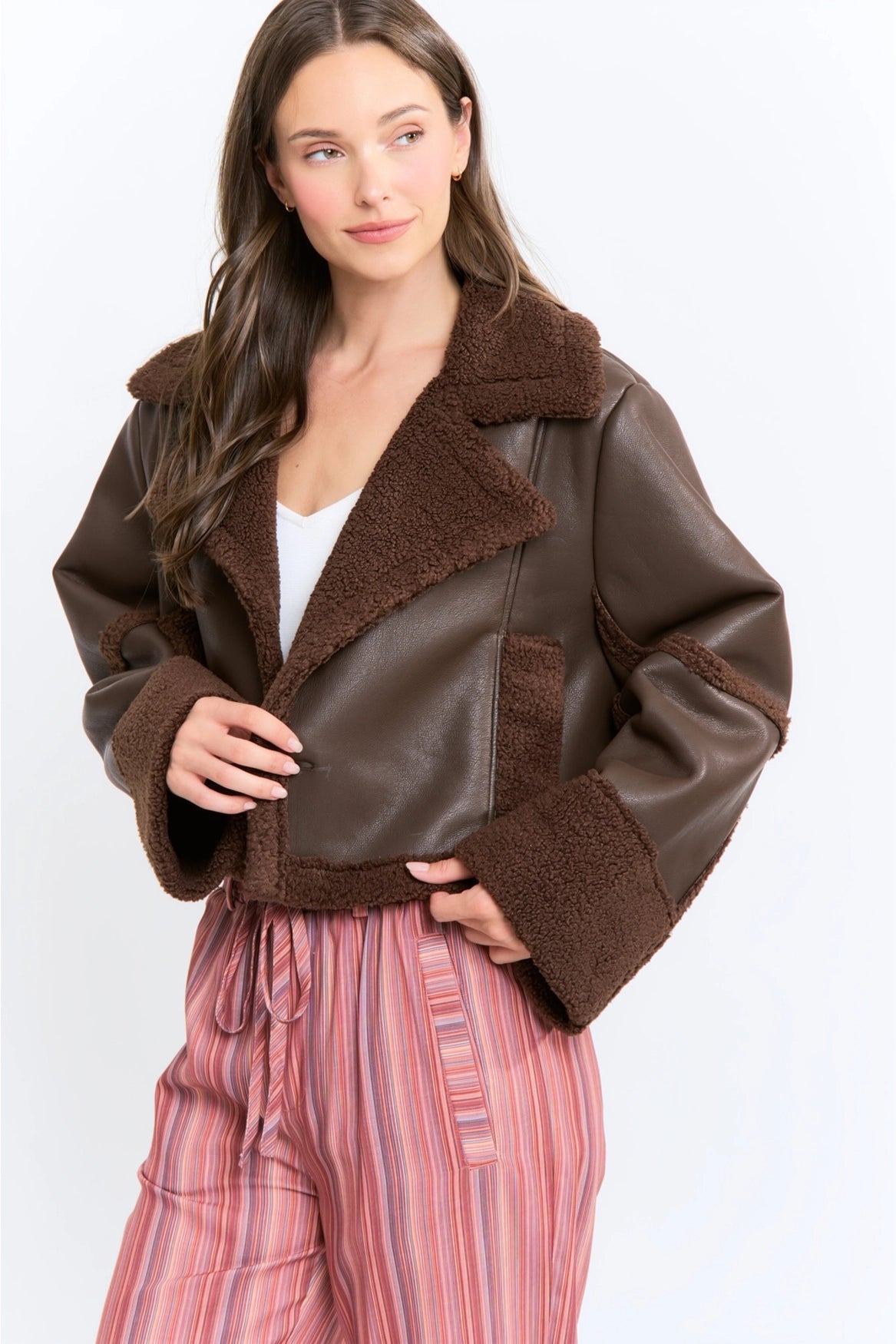 Camellia Luxe Faux Leather & Sherpa Jacket | Chocolate Brown