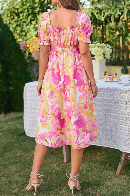 Floral Print Puff Sleeve Midi Dress