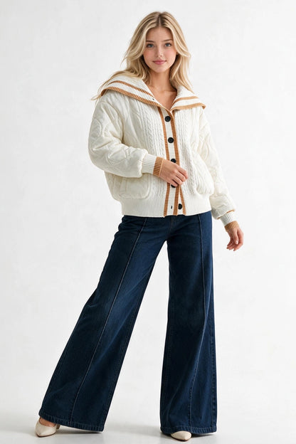 Camellia Luxe Quilted Cable-Knit Cardigan | Ivory & Camel