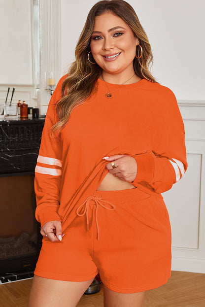 Plus Size Orange Lounge Set – Cozy Fall Sweatshirt & Shorts with Stripe Sleeves
