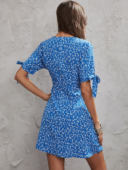 Blue Floral Wrap Dress with Tie Sleeves