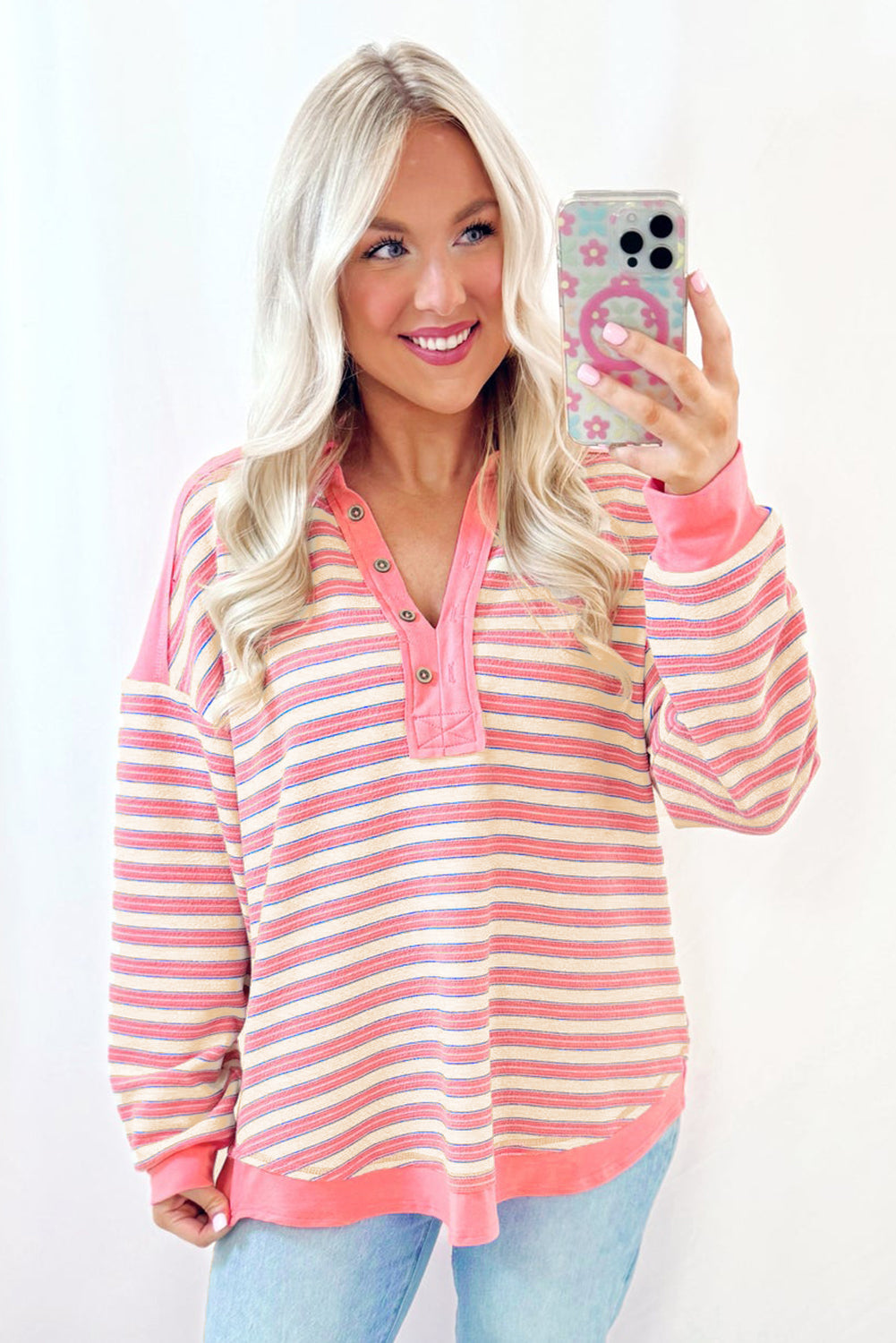 Pink Striped Henley Long Sleeve Top – Lightweight Casual Pullover
