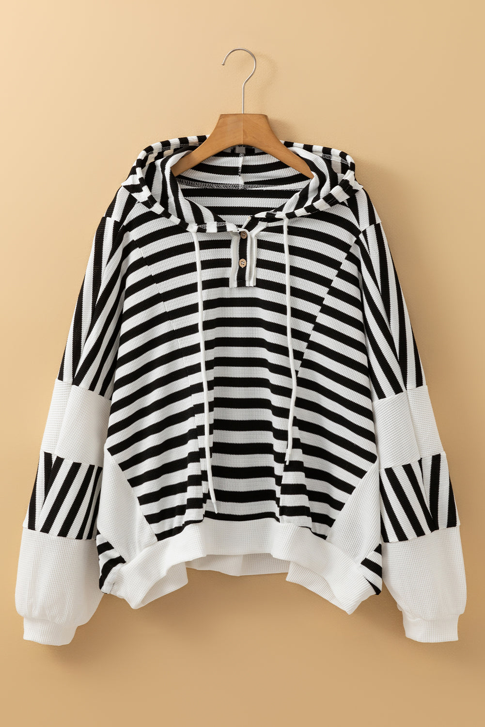 Black & White Striped Waffle Knit Hoodie – Oversized Casual Pullover