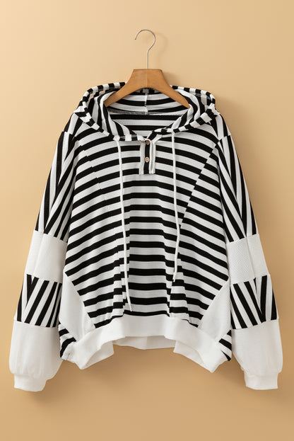 Black & White Striped Waffle Knit Hoodie – Oversized Casual Pullover