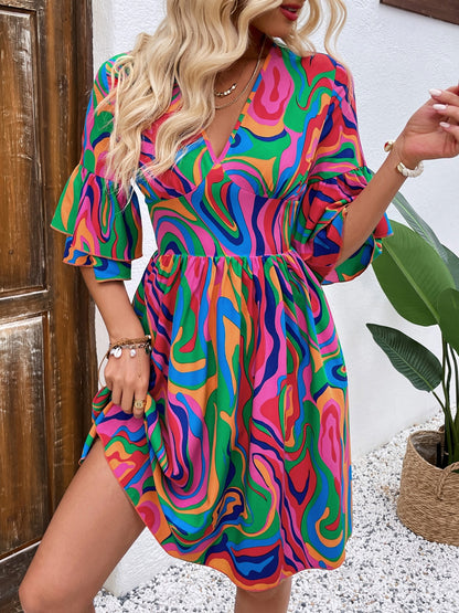 Colorful Swirl Print Ruffle Sleeve Dress